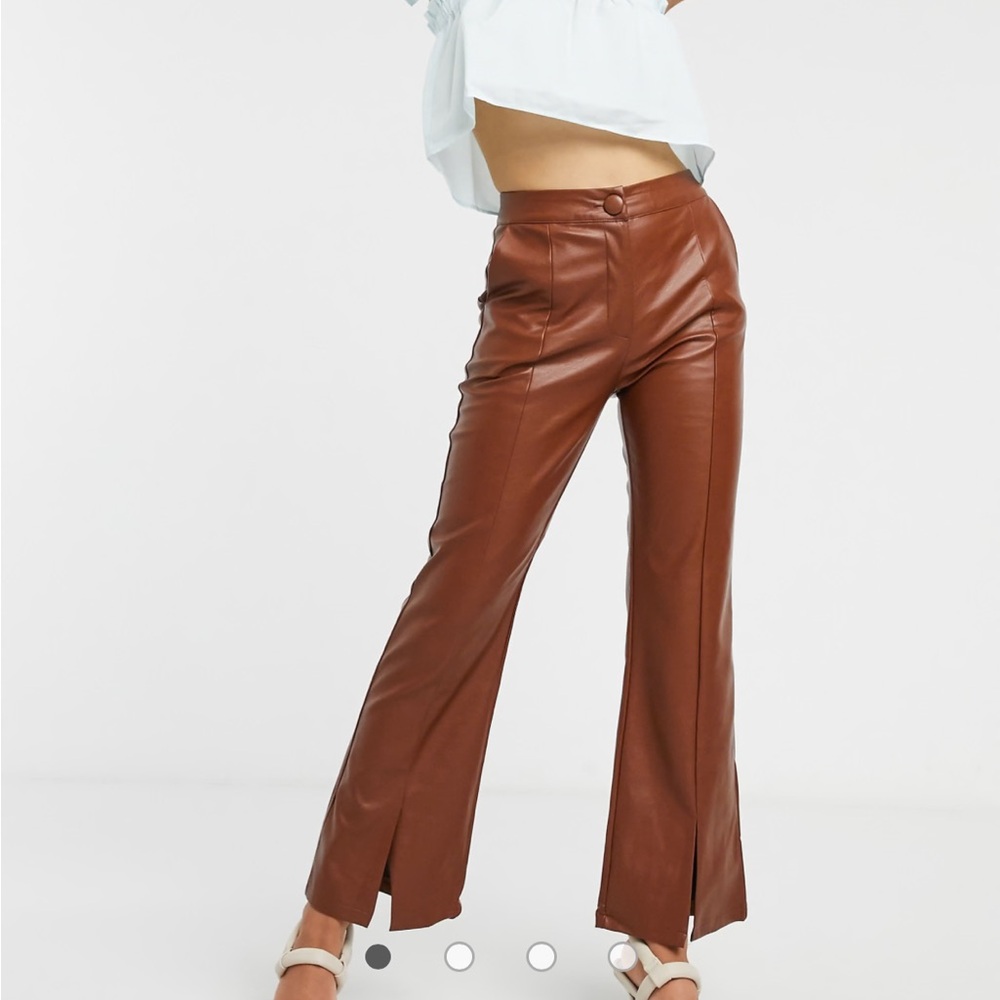 GHOSPELL Brown Faux Leather Flared Pants Front Slit Size/L, 29" waist~msrp $118